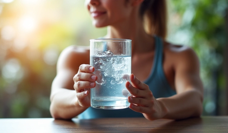 Osoba pijąca wodę po treningu, symbolizująca nawodnienie