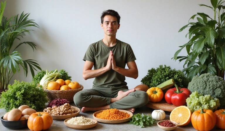 Osoba medytująca w otoczeniu zdrowej żywności, symbolizująca holistyczne podejście